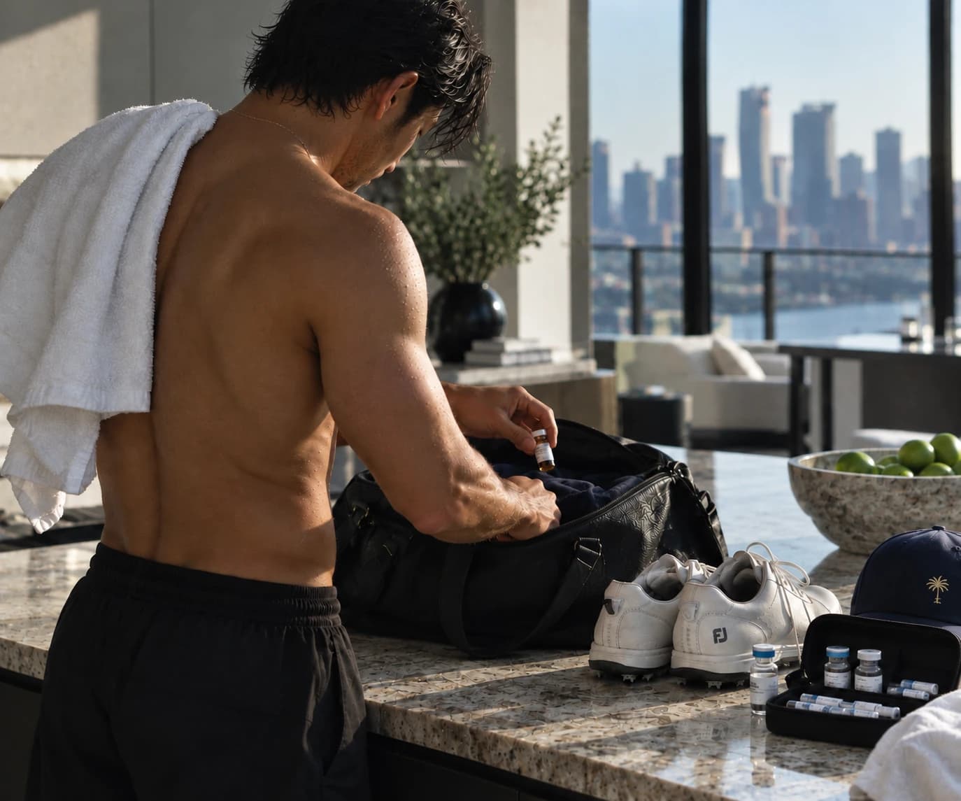 A man packing his gym bag beside a peptide vial case in morning window light