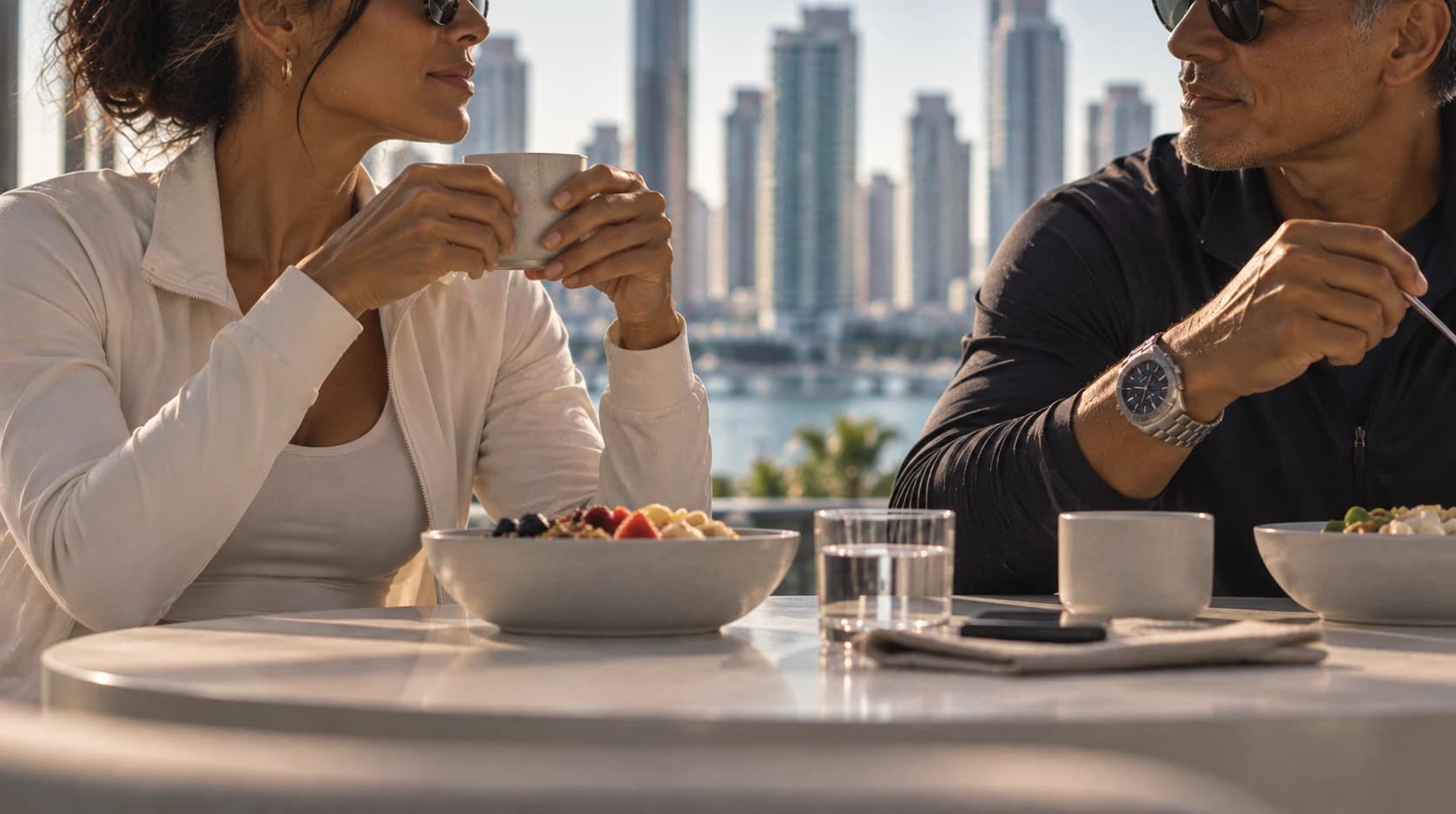 A couple sharing breakfast and conversation beside the sunlit waterfront