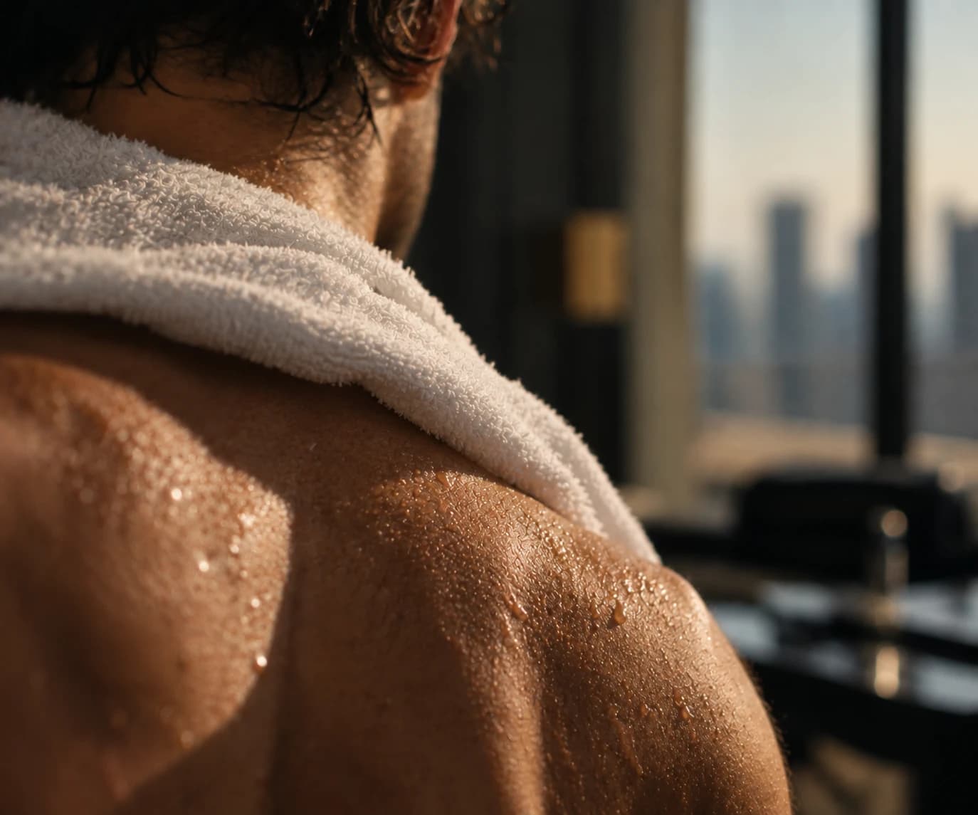 A man resting with a towel over his shoulder in natural light