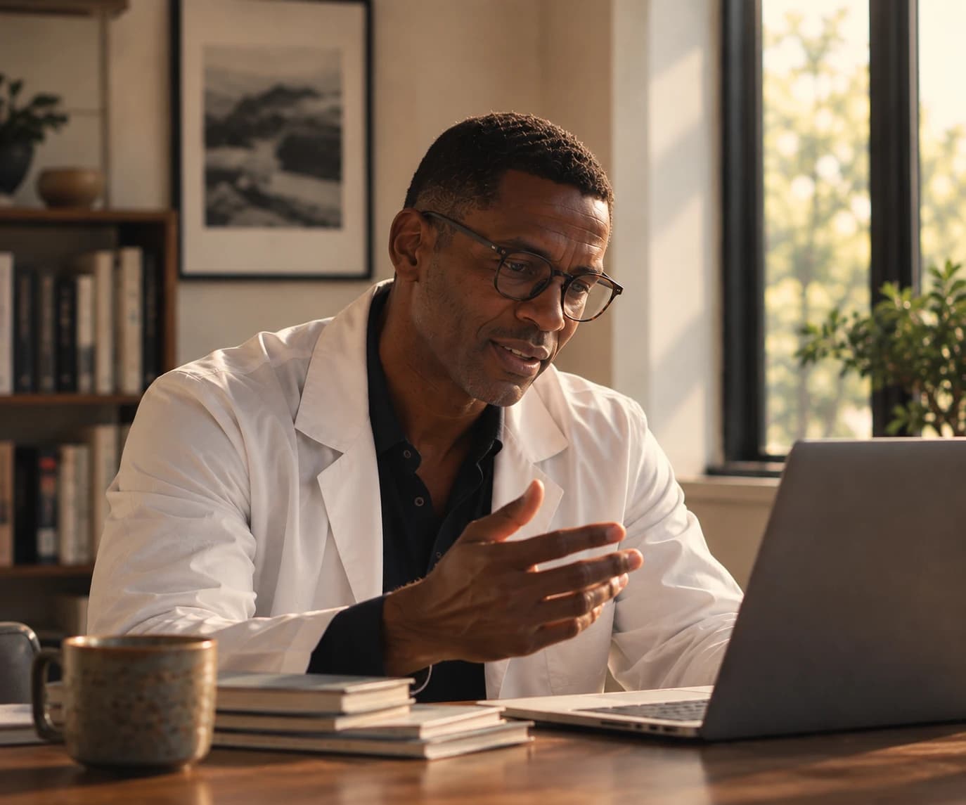 A clinician reviewing information at his laptop
